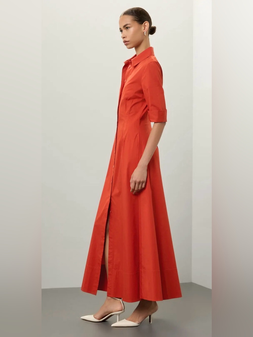 Staud Joan maxi dress Button-Front Maxi Shirt Dress in Rust Orange - Picture 3 of 10
